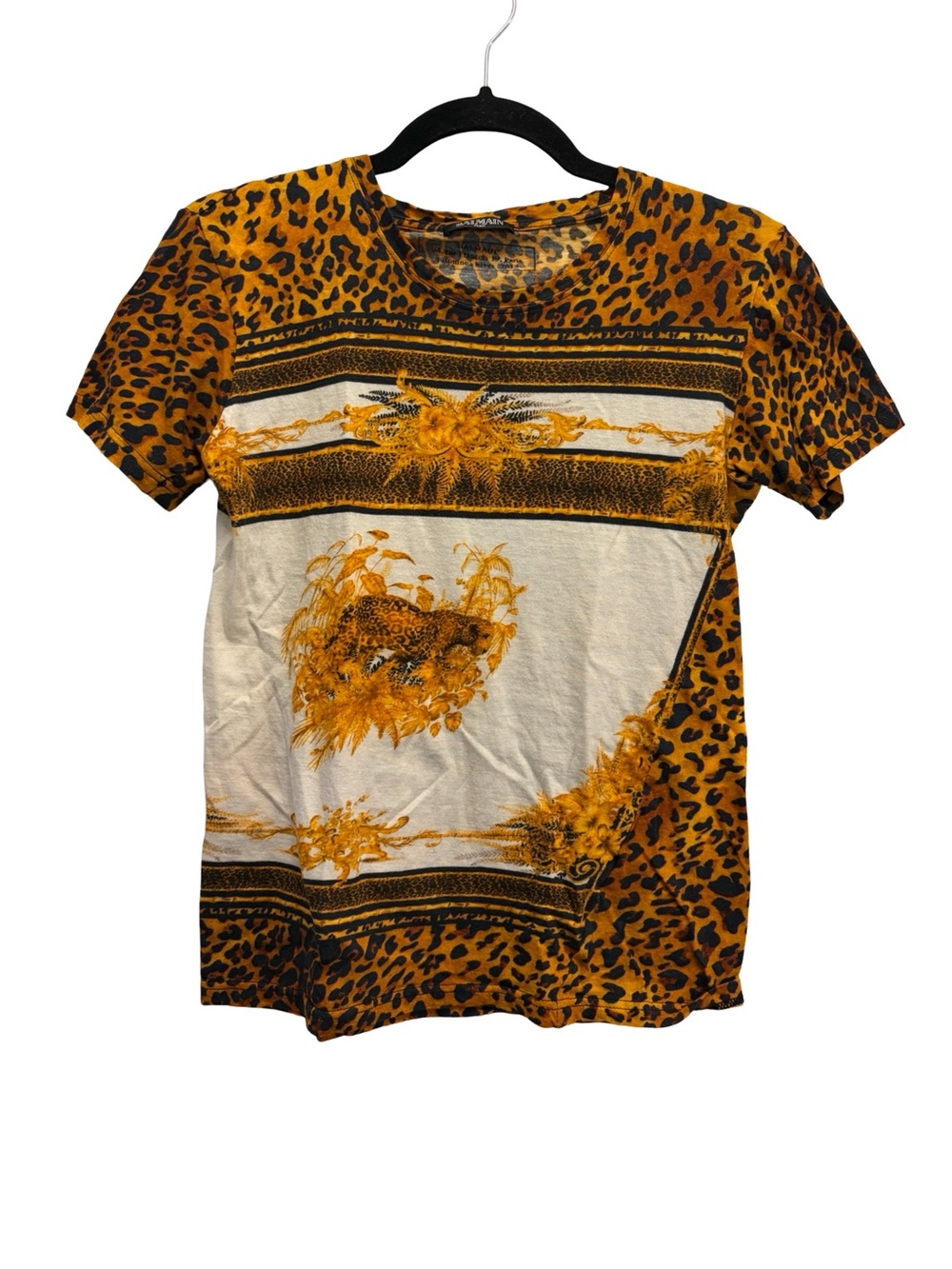 Balmain Paris T-Shirt Womens XS Leopard Baroque Scarf Print Orange Black